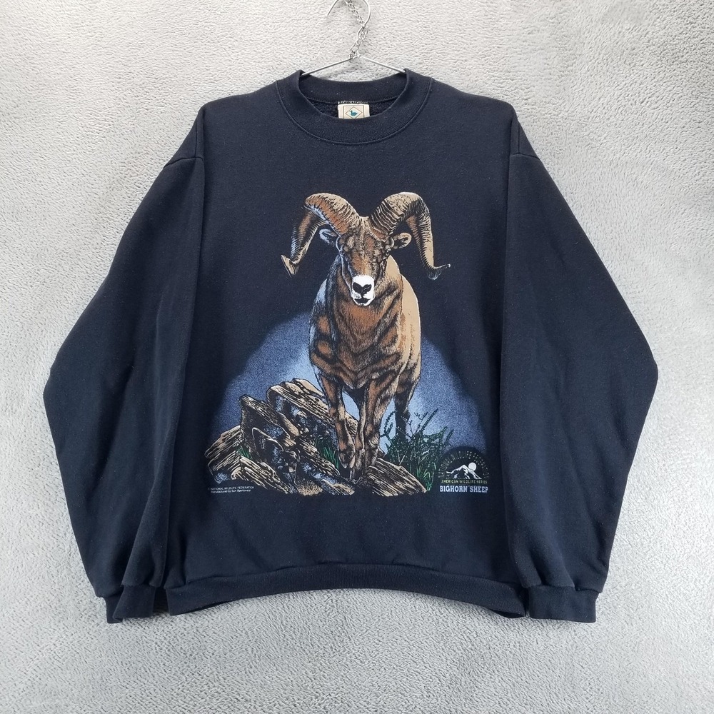 VTG National Wildlife Federation Sweatshirt Mens M Blue Bighorn Sheep Made USA